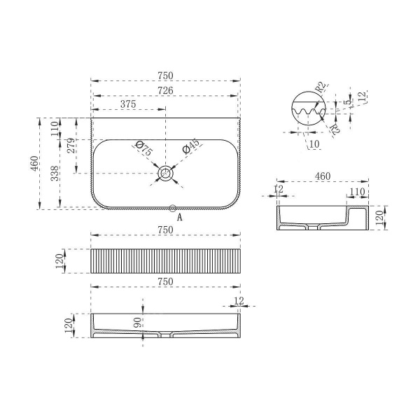 Раковина из искусственного камня Vincea VWB-6SG75MW, 750*460*120, подвесная, цвет белый матовый