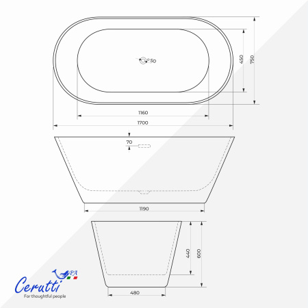 Ванна TONIA170 акриловая отдельностоящая Ceruttispa (1700x750x600)