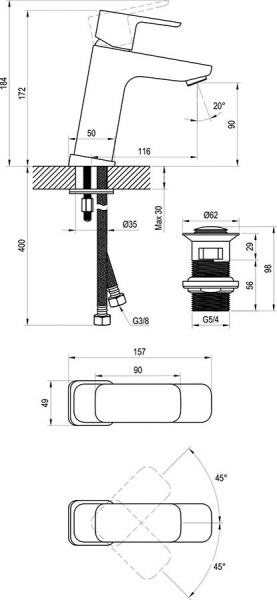 Смеситель для умывальника Ravak TD F 013.20 X070149, с донным клапаном, черный