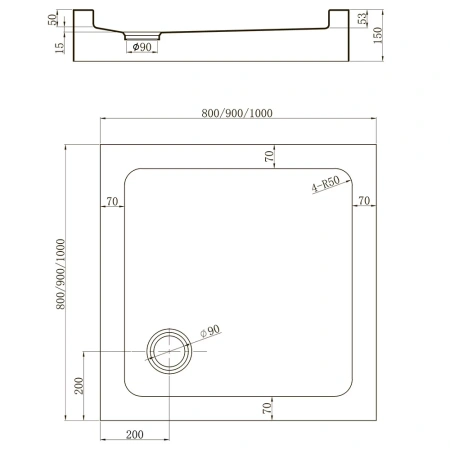 Душевой поддон Veconi Tezeo acrylic TZ52B, 800x800x150, акрил, черный, TZ52B-80-C5