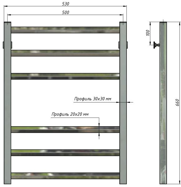 Полотенцесушитель водяной Stinox Sorento 500x700, нижнее подключение, хром, 1/2" ВР (внутренняя резьба), 6 перекладин