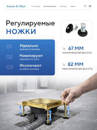 Трап для душа Amore di Mare Picco SD-15G, 150х150 мм, оборачиваемый под плитку, золото