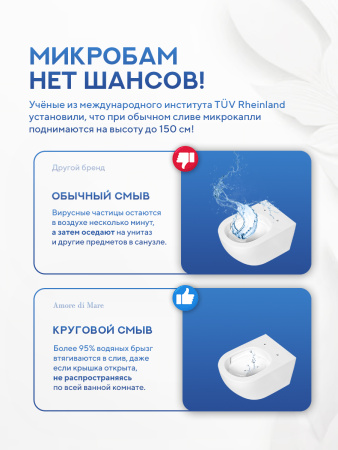Унитаз подвесной безободковый Amore di Mare Lenza Tornado P252-T, овальный белый, антивсплеск, фарфоровый, быстросъемное сиденье дюропласт с крышкой микролифт, антибактериальное покрытие
