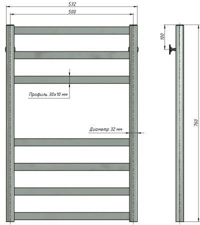 Полотенцесушитель водяной Stinox Maxima 500x800, нижнее подключение, хром, 1" НР (наружная резьба), 7 перекладин