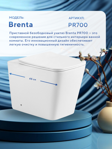 Унитаз приставной безободковый Amore di Mare Brenta PR700 квадратный белый итальянский, антивсплеск, фарфоровый, быстросъемное сиденье дюропласт с крышкой микролифт, чаша с антибактериальным покрытием