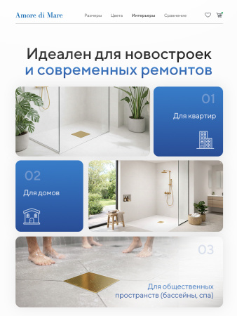 Трап для душа Amore di Mare Picco SD-15G, 150х150 мм, оборачиваемый под плитку, золото