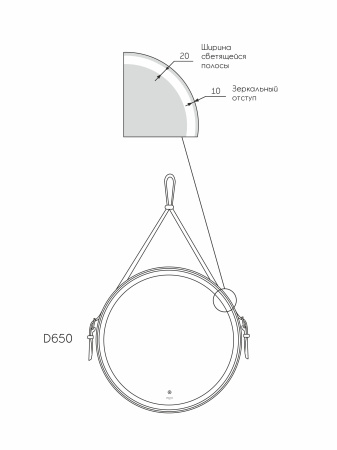 Зеркало для ванной на ремне черного цвета круглое D650 с регулируемой LED подсветкой 6000K и сенсором Reflexion Skin