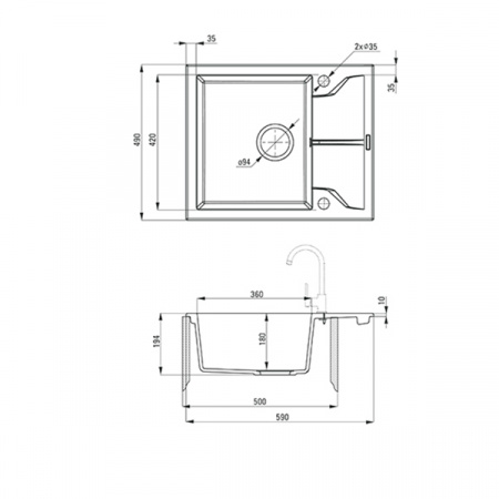 Кухонная мойка Deante Andante ZQN_G11A + сифон SPACE SAVER графитовый металик