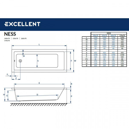 Акриловая ванна Excellent Ness 150x70 NESS150WHс ножками NWE-64