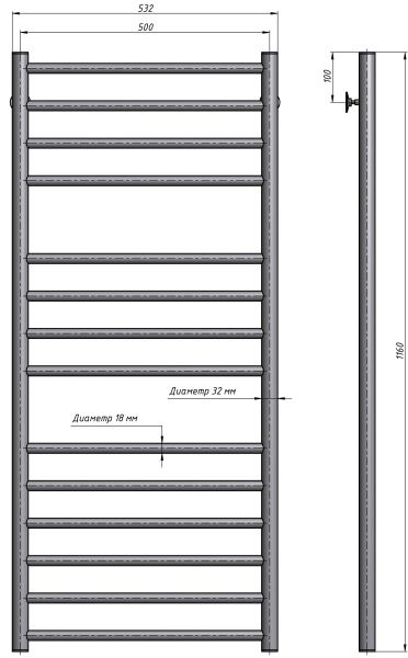 Полотенцесушитель водяной Stinox Toscana Luxe 500x1200, нижнее подключение, хром, 1" НР (наружная резьба), 14 перекладин