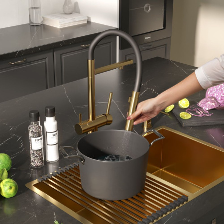 Смеситель Reflexion Lago RX9901GD для кухни с гибким изливом и подключением к фильтру, брашированное золото