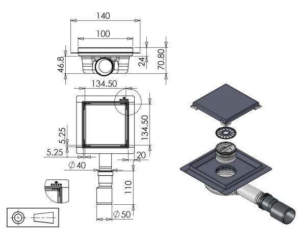 Душевой трап Roxen Square 91080-100 100x100x70