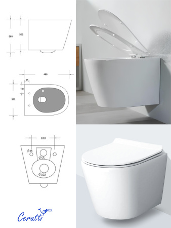 Унитаз LUIGI Aria Tornado подвесной безободковый со смывом торнадо Ceruttispa CT11101 (490x370x370)