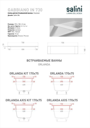 Полка для встраиваемой ванны Salini GABBIANO IN 730, покраска по RAL Classic, 1906204MF