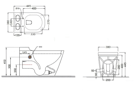 Унитаз SELLA Pulse приставной с функцией импульсного смыва, безободковый Ceruttispa CT10198 (580х360х400)