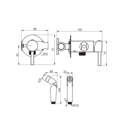 211000300 Option Смеситель Damixa, монтируемый в стену, с гигиеническим душем и крючком, черный