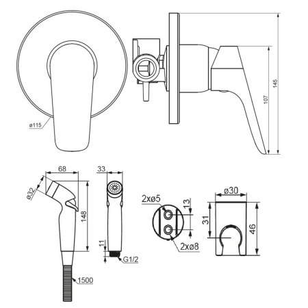 777510300 Jupiter Смеситель Damixa монтируемый в стену с гигиеническим душем, черный