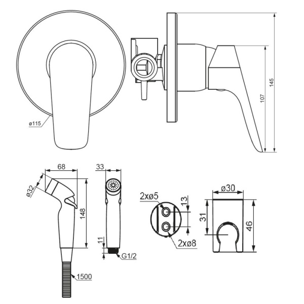 777510300 Jupiter Смеситель Damixa монтируемый в стену с гигиеническим душем, черный