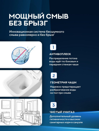 Унитаз напольный безободковый Amore di Mare Tronto N900 квадратный белый итальянский, антивсплеск, фарфоровый, быстросъемное сиденье дюропласт с крышкой микролифт, чаша с антибактериальным покрытием