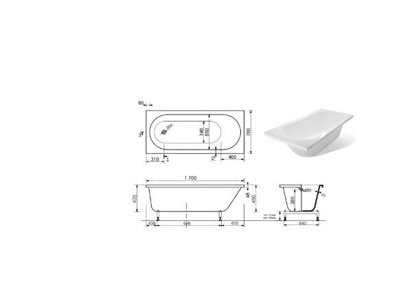 Ванна из литьевого мрамора Taliente Orta OR17070 170х70 пристенная прямоугольная