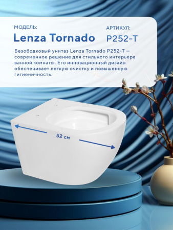 Унитаз подвесной безободковый Amore di Mare Lenza Tornado P252-T, овальный белый, антивсплеск, фарфоровый, быстросъемное сиденье дюропласт с крышкой микролифт, антибактериальное покрытие