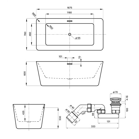 Акриловая ванна в наборе 4 в 1: отдельностоящая ванна, ножки, экран, слив-перелив Wellsee DeSire 231502002