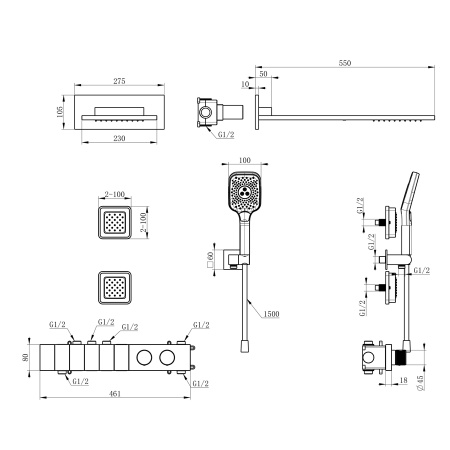 Душевая система с термостатом встраиваемая WONZON & WOGHAND, Хром (WW-D4538-A-CR)