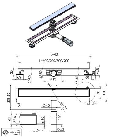 Душевой трап Roxen Black glass 91030-90 900x70x70