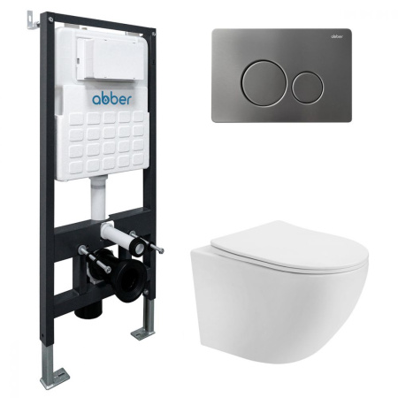 Комплект подвесной унитаз ABBER Bequem AC1100T белый с инсталляцией AC0105 и кнопкой AC0121NG никель