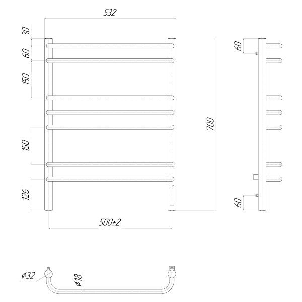 Полотенцесушитель электрический Lemark Luna LM41707Z П7 500x700, диммер справа, хром