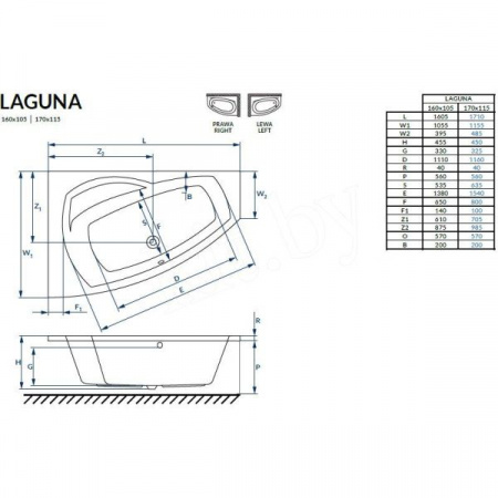 Excellent Laguna 160х105 Right WAEX.LGR16WHс ножками NWE-68