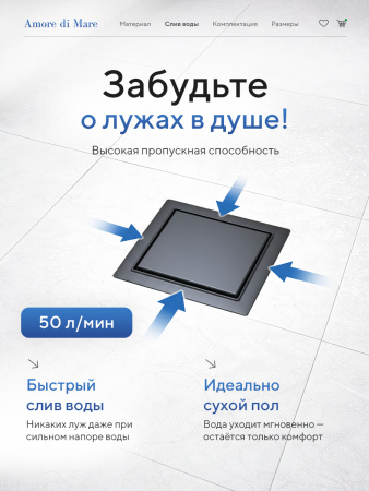 Трап для душа Amore di Mare Picco SD-15GM, 150х150 мм, оборачиваемый под плитку, оружейная сталь