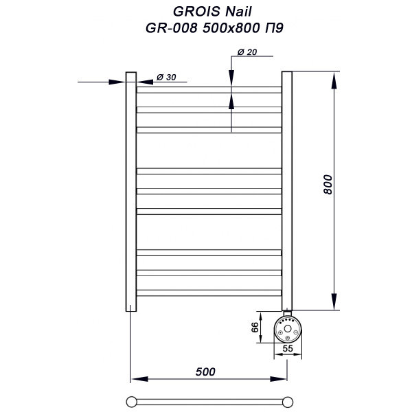 Полотенцесушитель GROIS Nile GR-008 500х800 П9 (3+3+3) RAL9003 bronze с тэном (-)