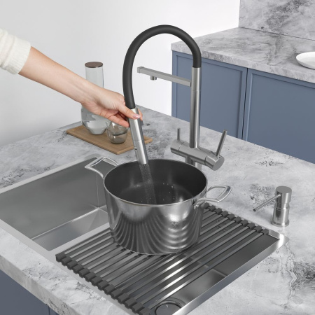 Смеситель Reflexion Lago RX9901SS для кухни с гибким изливом и подключением к фильтру, полированная сталь