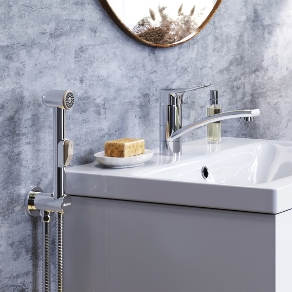 770230001 Jupiter Смеситель с поворотным изливом и гиг. душем, хром