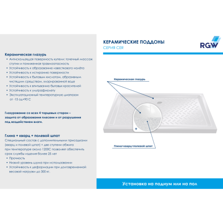 Душевой поддон прямоугольный керамический RGW CR (Глубина 35) 19170380-01 80х100х6 см