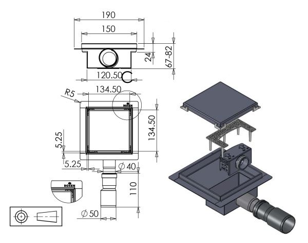 Душевой трап Roxen Square 91080-150 150x150x70