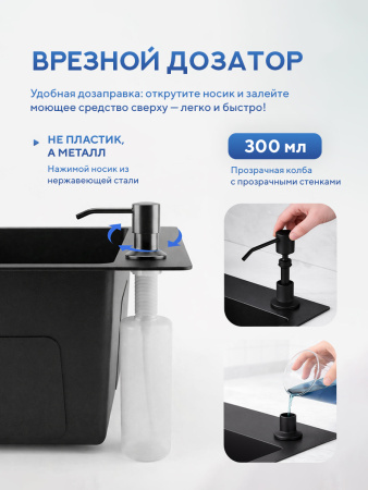Мойка для кухни из нержавеющей стали Amore di Mare Favo Pelle FP5548B-2, 550х480х220 мм: мойка, корзина, дозатор, сифон. Цвет: черный.