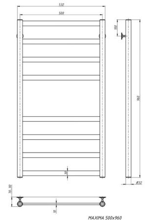 Полотенцесушитель водяной Stinox Maxima 500x1000, нижнее подключение, черный матовый, 1" НР (наружная резьба), 8 перекладин