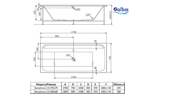 Акриловая ванна Alba Spa Barselona 2.0 170x75