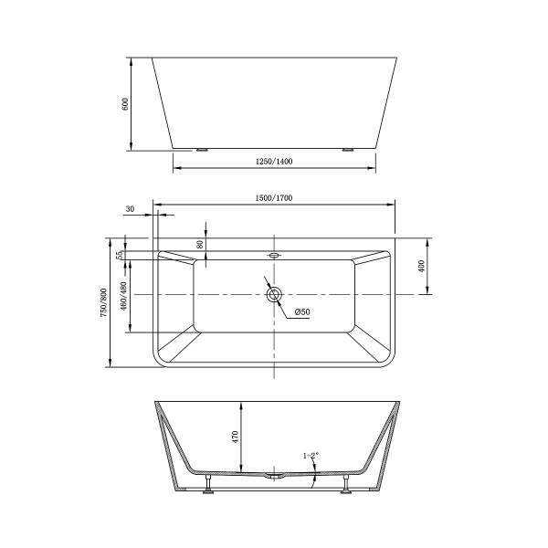 Ванна акриловая Vincea VBT-425-1700 1700*800*600, цвет белый, щелевой перелив