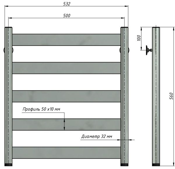 Полотенцесушитель водяной Stinox Napoli 500x600, нижнее подключение, хром, 1/2" ВР (внутренняя резьба), 5 перекладин