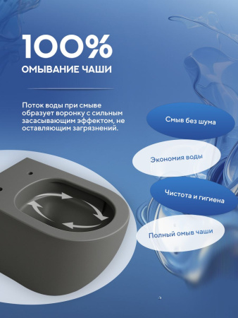 Унитаз подвесной безободковый Amore di Mare Delio Tornado P203MGR-T Matte Grey, овальный серый матовый, антивсплеск, фарфор, быстросъемное сиденье дюропласт с микролифт, антибактериальное покрытие