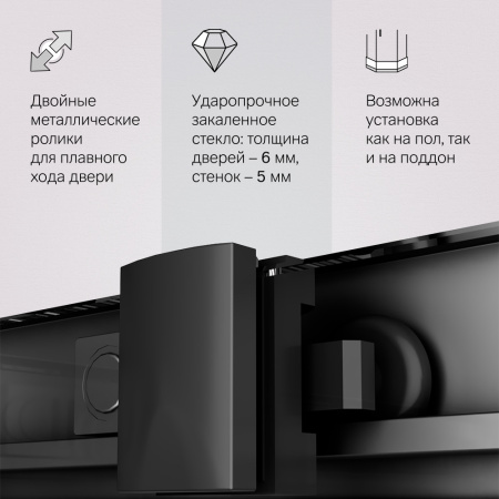 W90G-403-8080-BT Gem Душевое ограждение AM.PM квадратн.,раздвиж.двери 80x80 черный мат.,стекло прозрачное