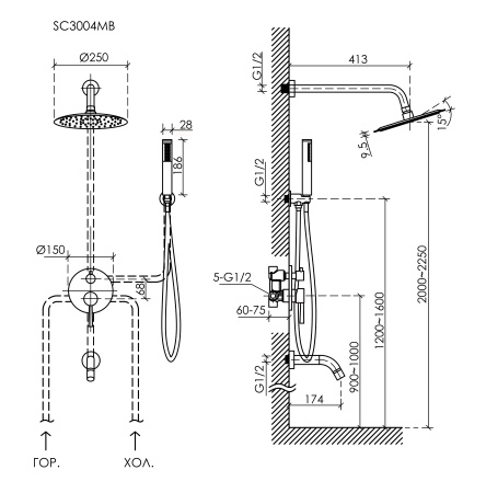 Душевой комплект SANCOS Select встраиваемый для душа, цвет черный матовый, арт. SC3004MB