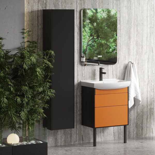 Тумба под умывальник Belux Клермонт напольная 70-02 Черно-медный матовый / Лён антрацит