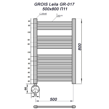 Полотенцесушитель GROIS Leila GR-017 500х800 П11 (2+3+6) RAL9005 черный матовый