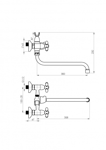 Смеситель для ванны Rubineta Milano-1 (K) M1SK06, настенный, с лейкой