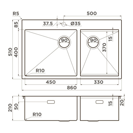 Кухонная мойка Omoikiri Akisame 86-2 Side-IN нерж. сталь/нержавеющая сталь 4997021