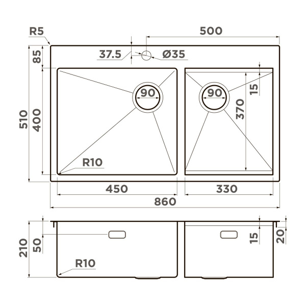 Кухонная мойка Omoikiri Akisame 86-2 Side-IN нерж. сталь/нержавеющая сталь 4997021